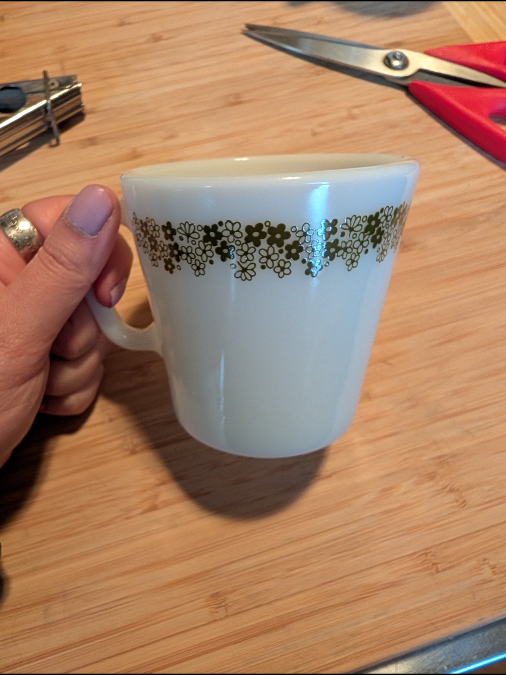 Vintage White Milk Glass Pyrex Mug with  Floral Band